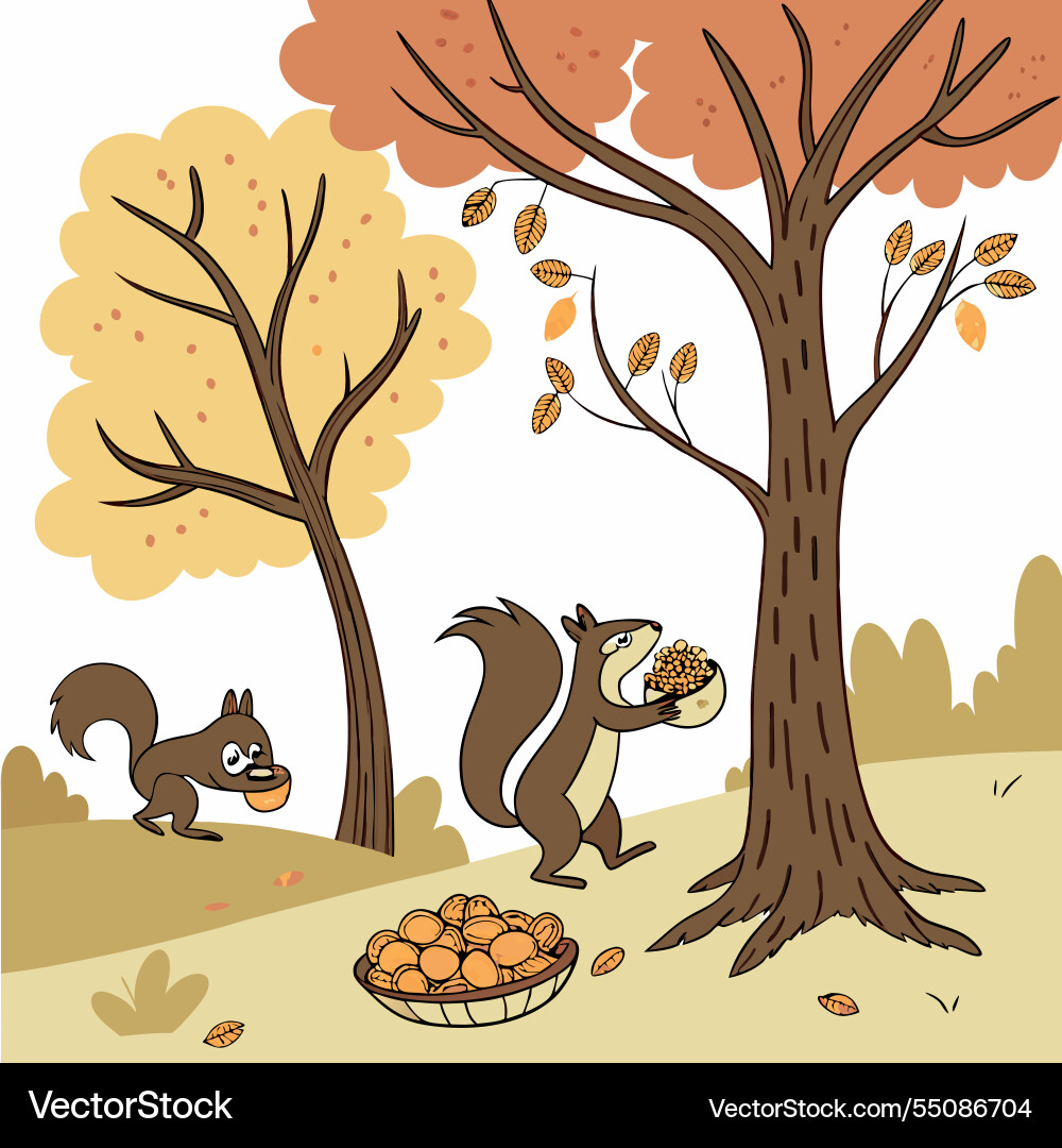 Squirrels collecting nuts under trees background Vector Image