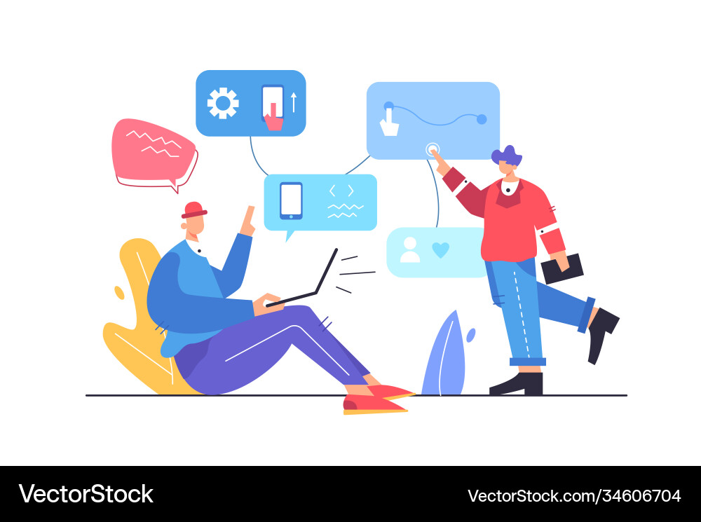 Two guys are setting up application logic Two guys are setting up application logic vector image