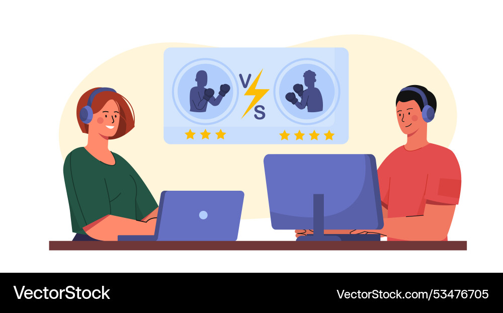 Boxing computer game man and woman at computers Vector Image