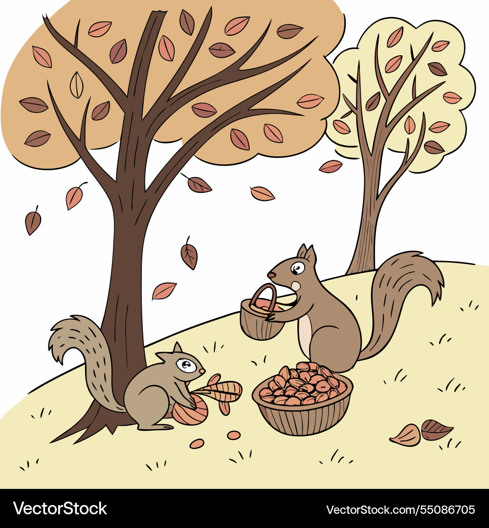 Squirrels collecting nuts under trees background Squirrels collecting nuts under trees background Vector Image