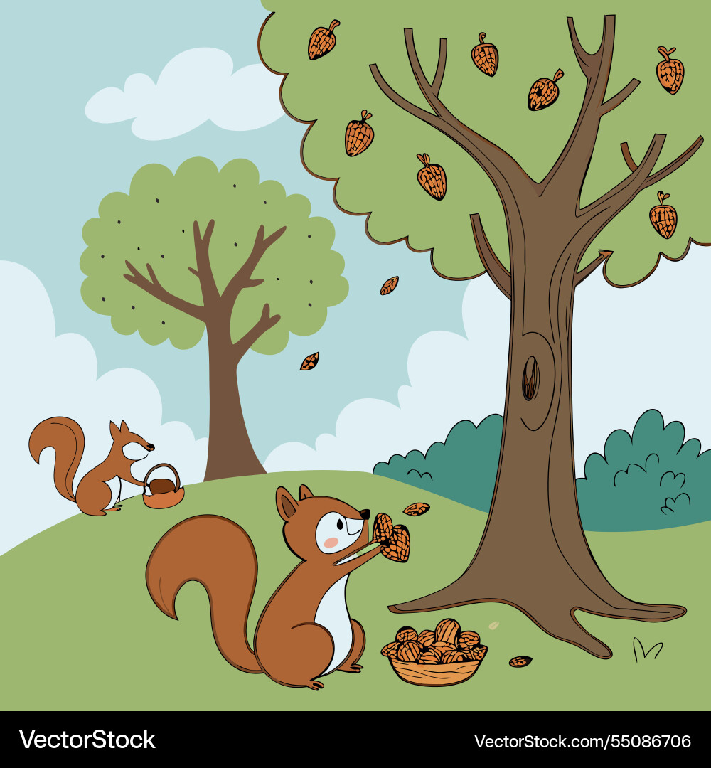 Squirrels collecting nuts under trees background Squirrels collecting nuts under trees background Vector Image
