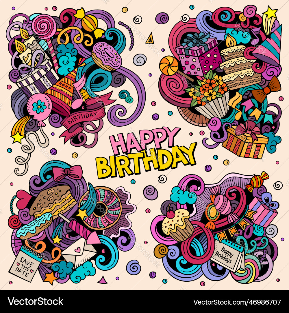 Geburtstag Cartoon Doodle Designs Set Geburtstag Cartoon Doodle Designs Set vektorbild