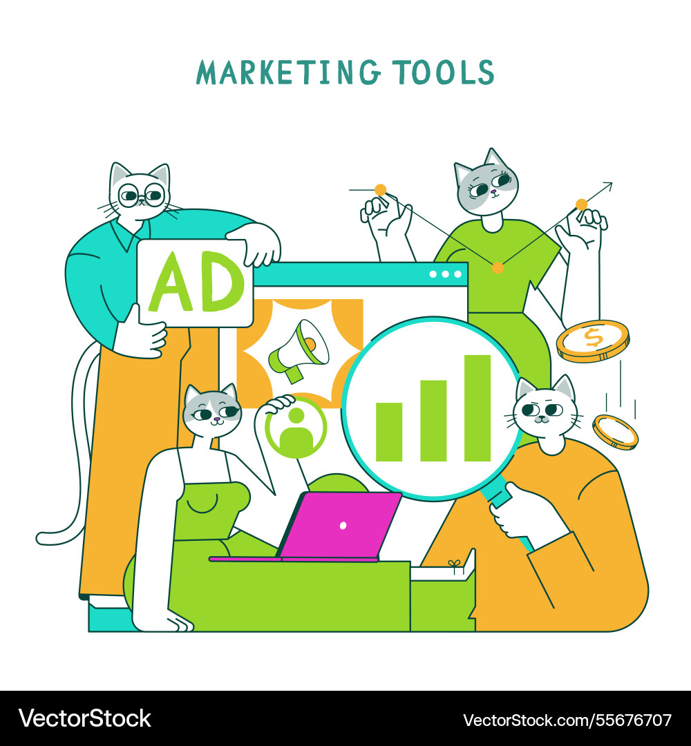 Marketing tools cat flat Vector Image