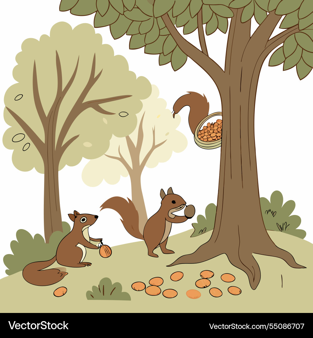 Squirrels collecting nuts under trees background Vector Image