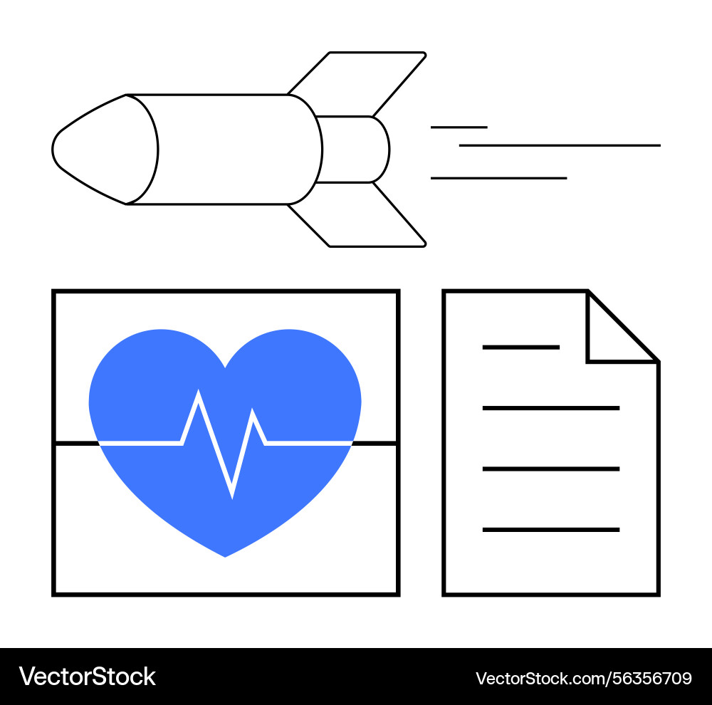 Rocket in motion with heartbeat chart and document Rocket in motion with heartbeat chart and document vector image