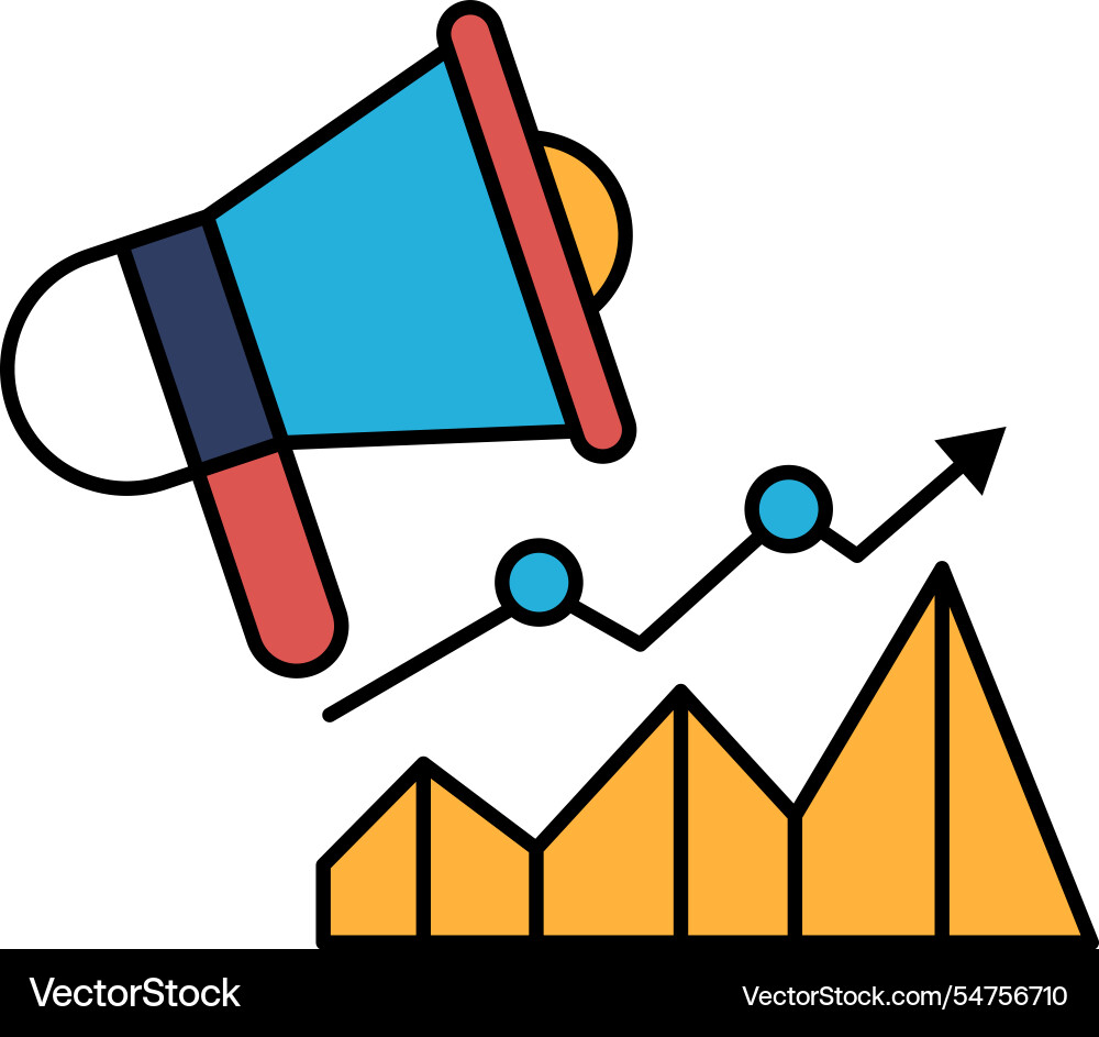 A megaphone is above graph with line going up A megaphone is above graph with line going up vector image
