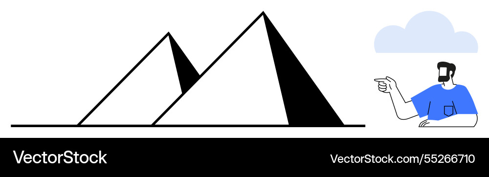 Man pointing at pyramids with cloud in background Man pointing at pyramids with cloud in background vector image
