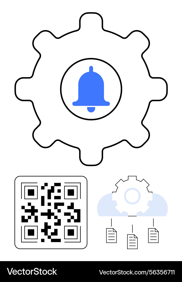 Gear with notification bell qr code and cloud Gear with notification bell qr code and cloud vector image