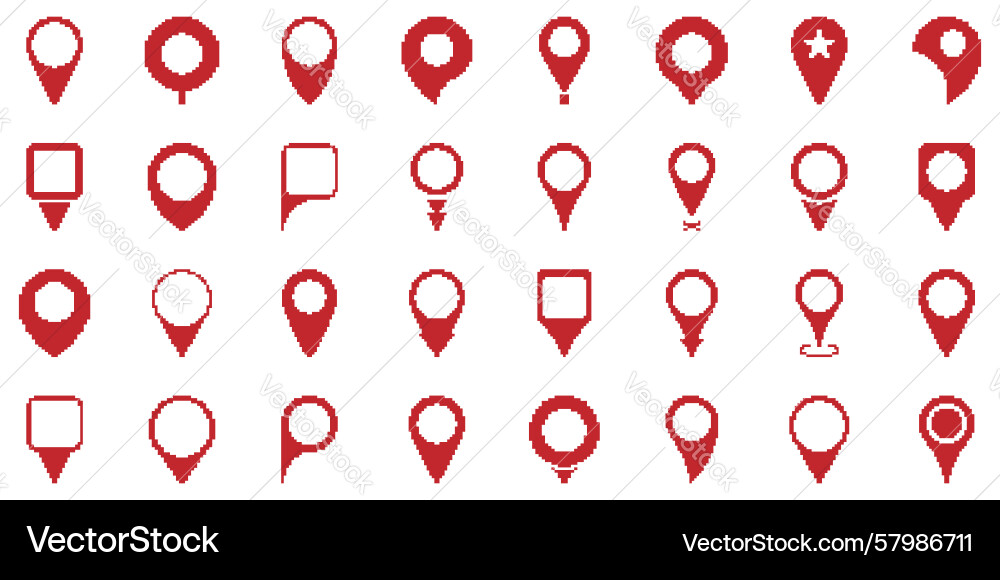 Red map pin pixel art icon set location marker Red map pin pixel art icon set location marker Vector Image
