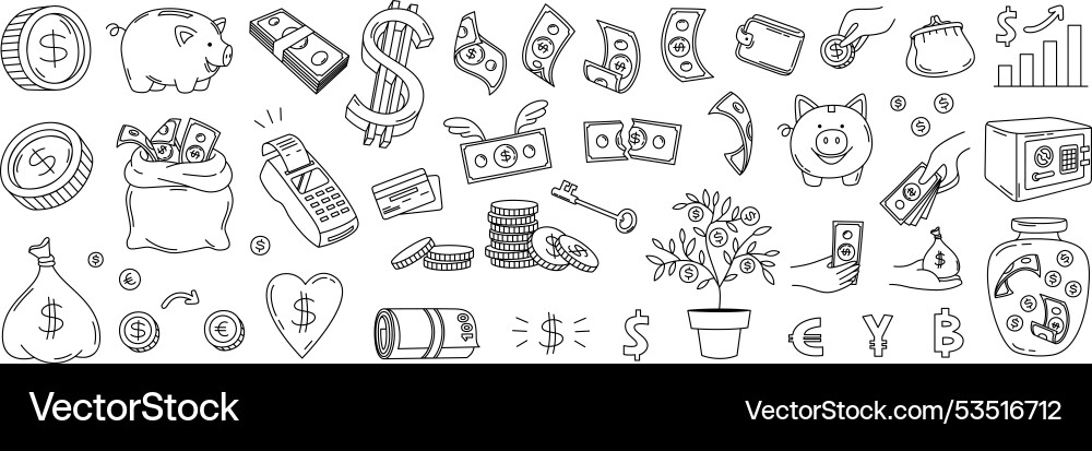 Doodle Geld Banknoten und Münzentasche Doodle Geld Banknoten und Münzentasche vektorbild