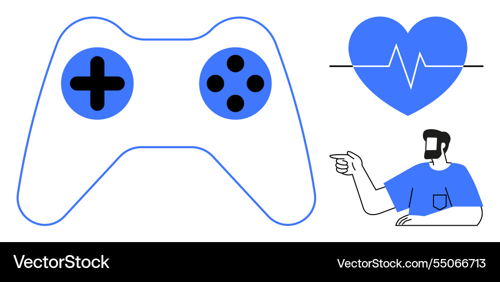 Man pointing heartbeat and gaming controller Man pointing heartbeat and gaming controller vector image