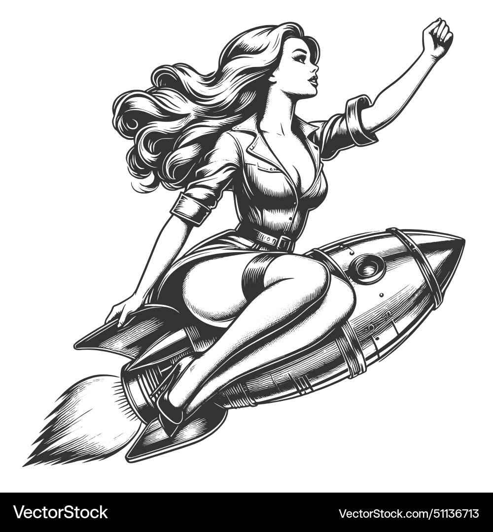 Pinup girl riding rocket engraving Royalty Free Vector