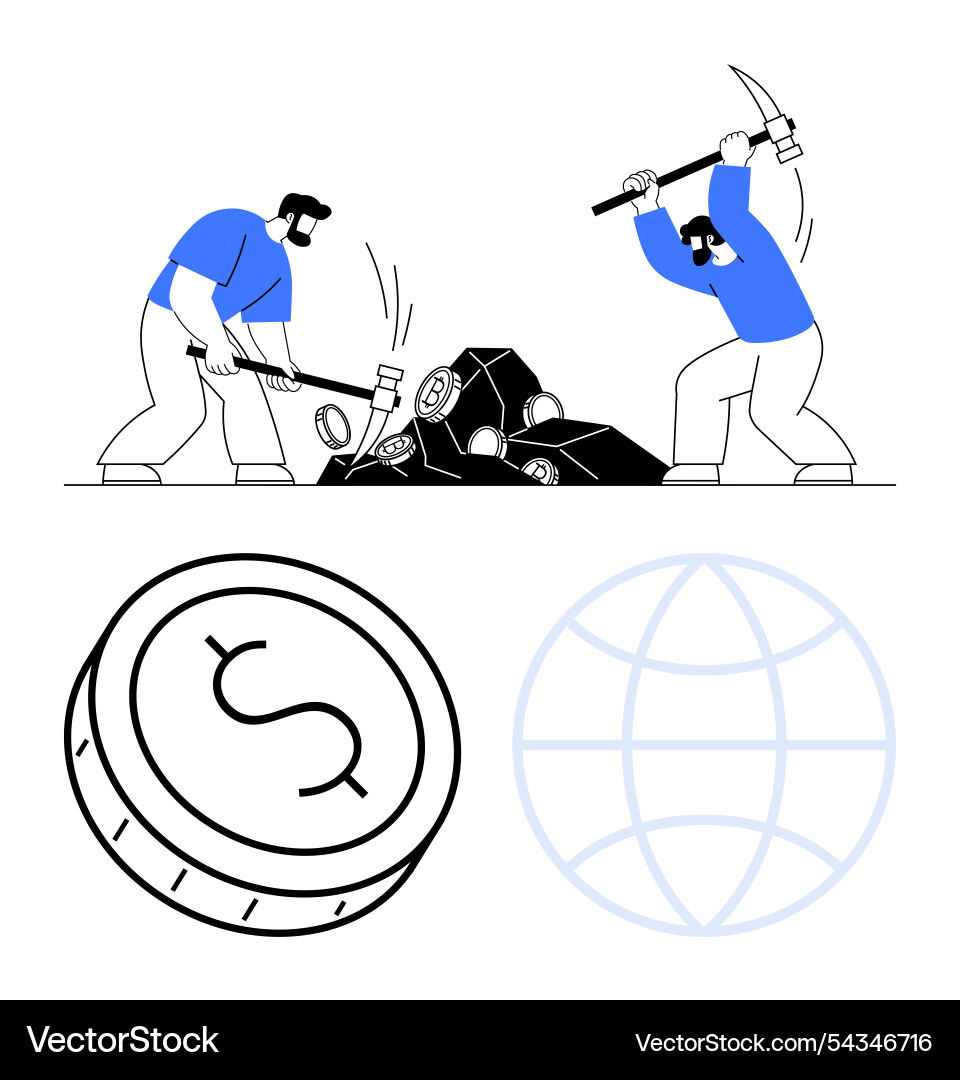 Digital currency mining with people using pickaxes Digital currency mining with people using pickaxes vector image