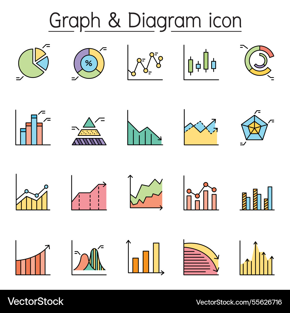 Graph diagram and chart icon set in color line Graph diagram and chart icon set in color line vector image