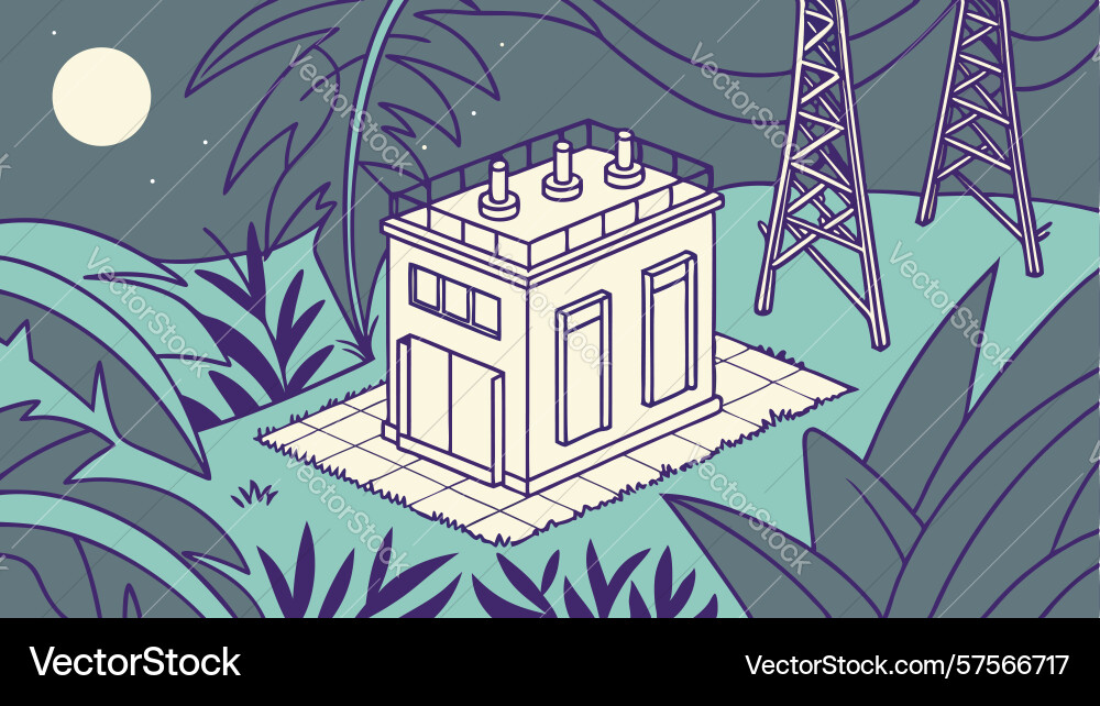 Abstract building with power lines in lush Vector Image