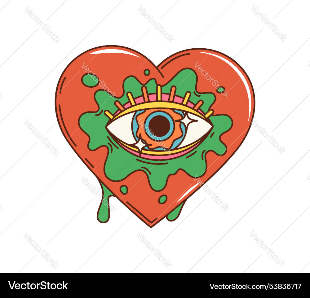 Cartoon retro groovy hippie love heart with eye Cartoon retro groovy hippie love heart with eye vector image