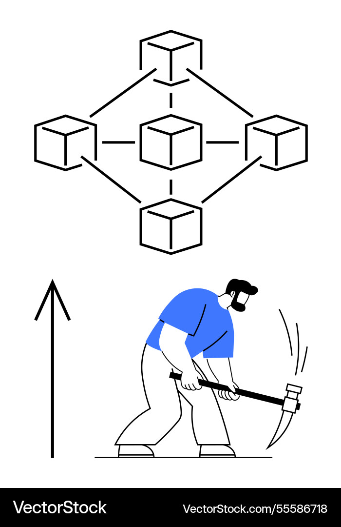Blockchain mining concept with miner using pickaxe Blockchain mining concept with miner using pickaxe vector image
