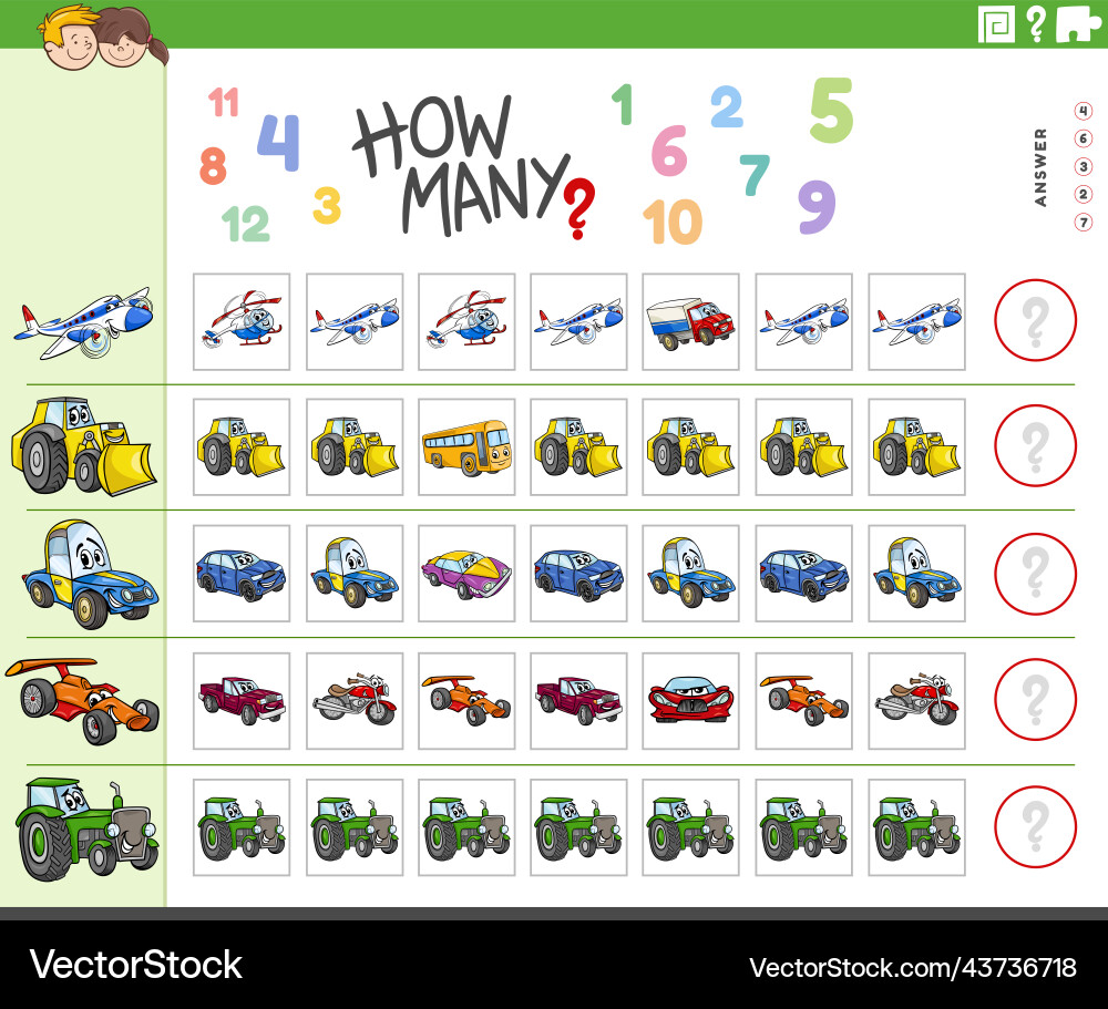 Counting task with cartoon vehicles characters vector image