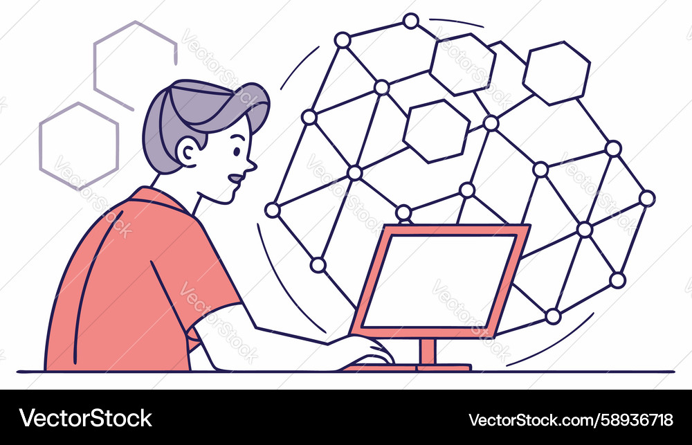 Person at computer with ai neural network visual Vector Image