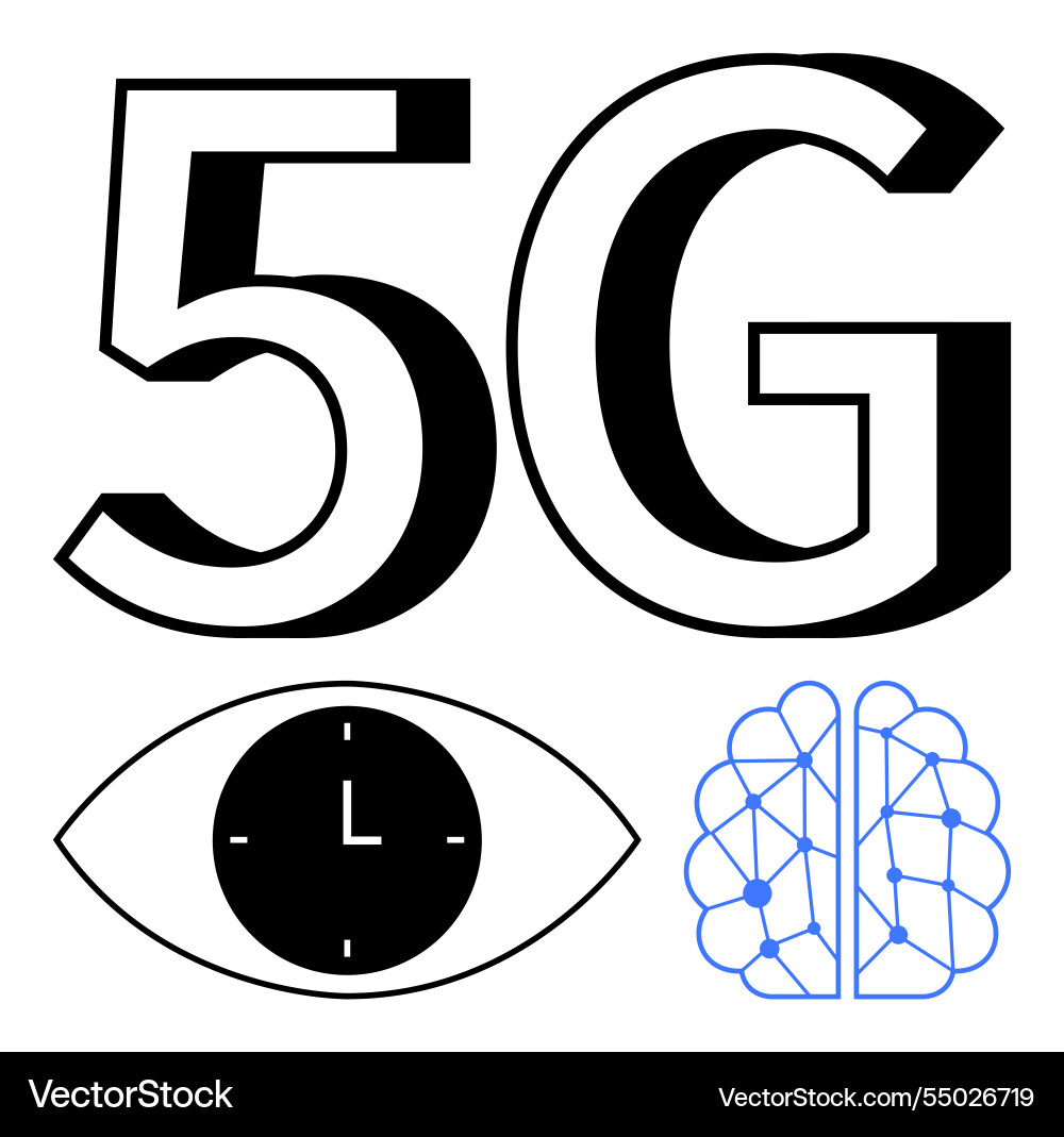 5g connectivity with clock icon and neural brain 5g connectivity with clock icon and neural brain vector image
