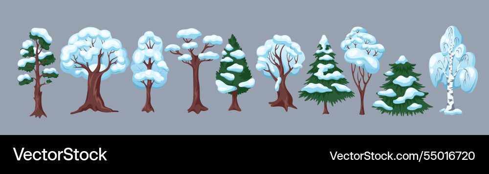 Snowy trees from winter forest flat color objects Snowy trees from winter forest flat color objects vector image