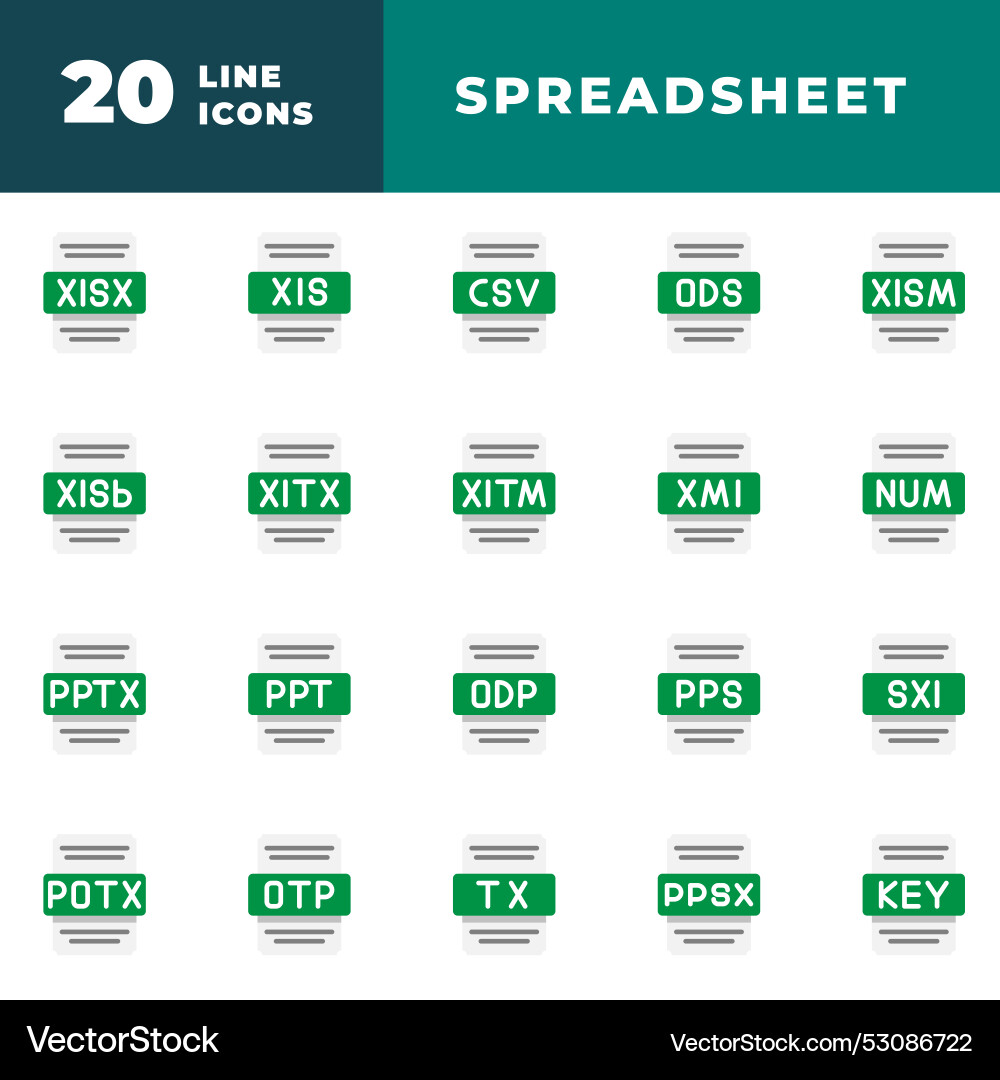 Spreadsheet document file type set xls csv xml Spreadsheet document file type set xls csv xml Vector Image