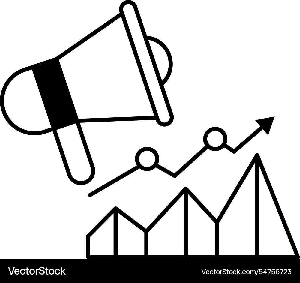 A megaphone is above graph with line going up A megaphone is above graph with line going up vector image