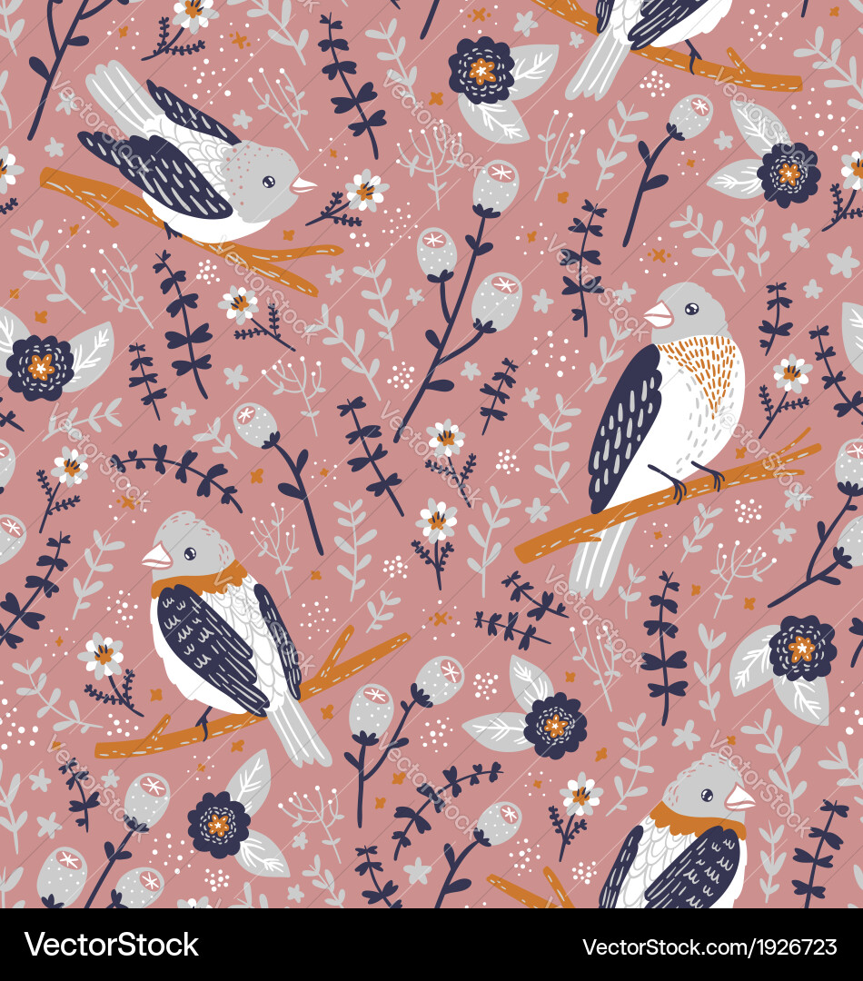 Floral Bird Pattern - Seamless Royalty Free Vector Image