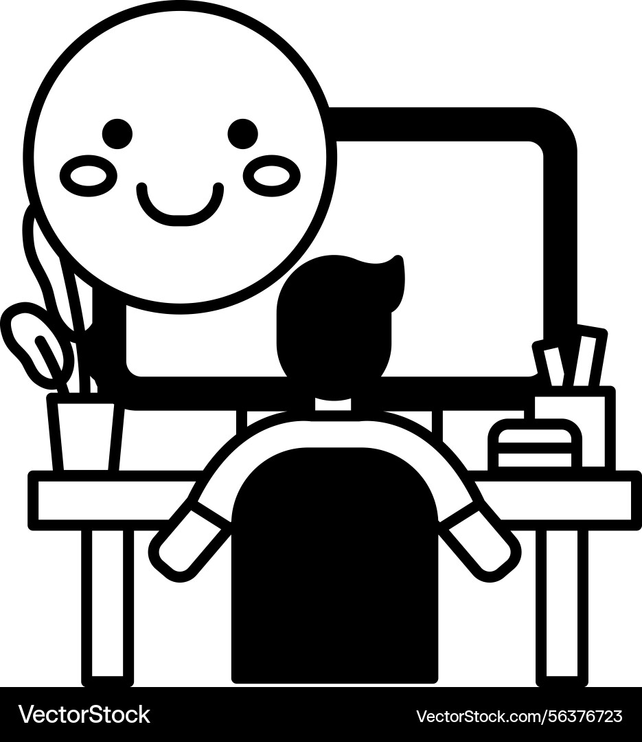 Man is sitting at a desk with computer monitor Man is sitting at a desk with computer monitor vector image