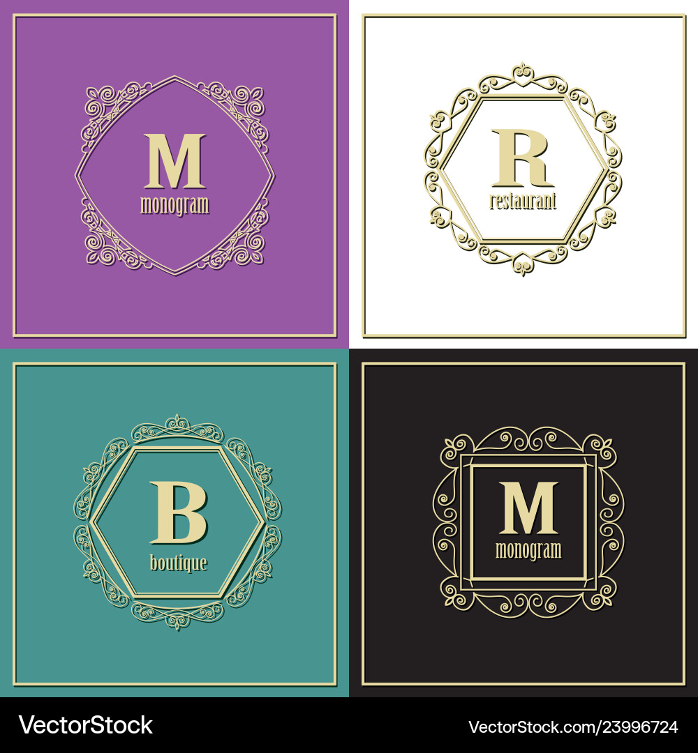 Luxury golden frames set monogram logo template vector image