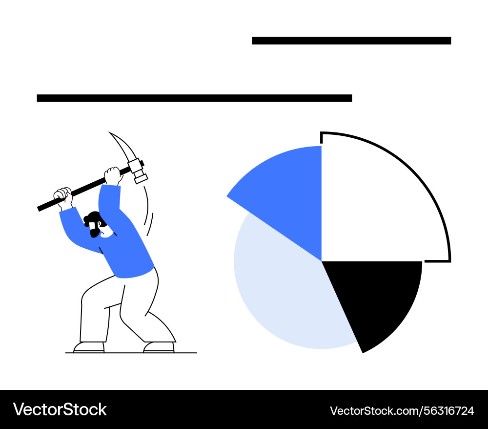 Worker mining data with pickaxe near simplified Worker mining data with pickaxe near simplified vector image