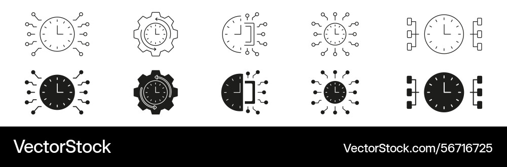 Clock with circuitry line and solid icon set time Clock with circuitry line and solid icon set time vector image