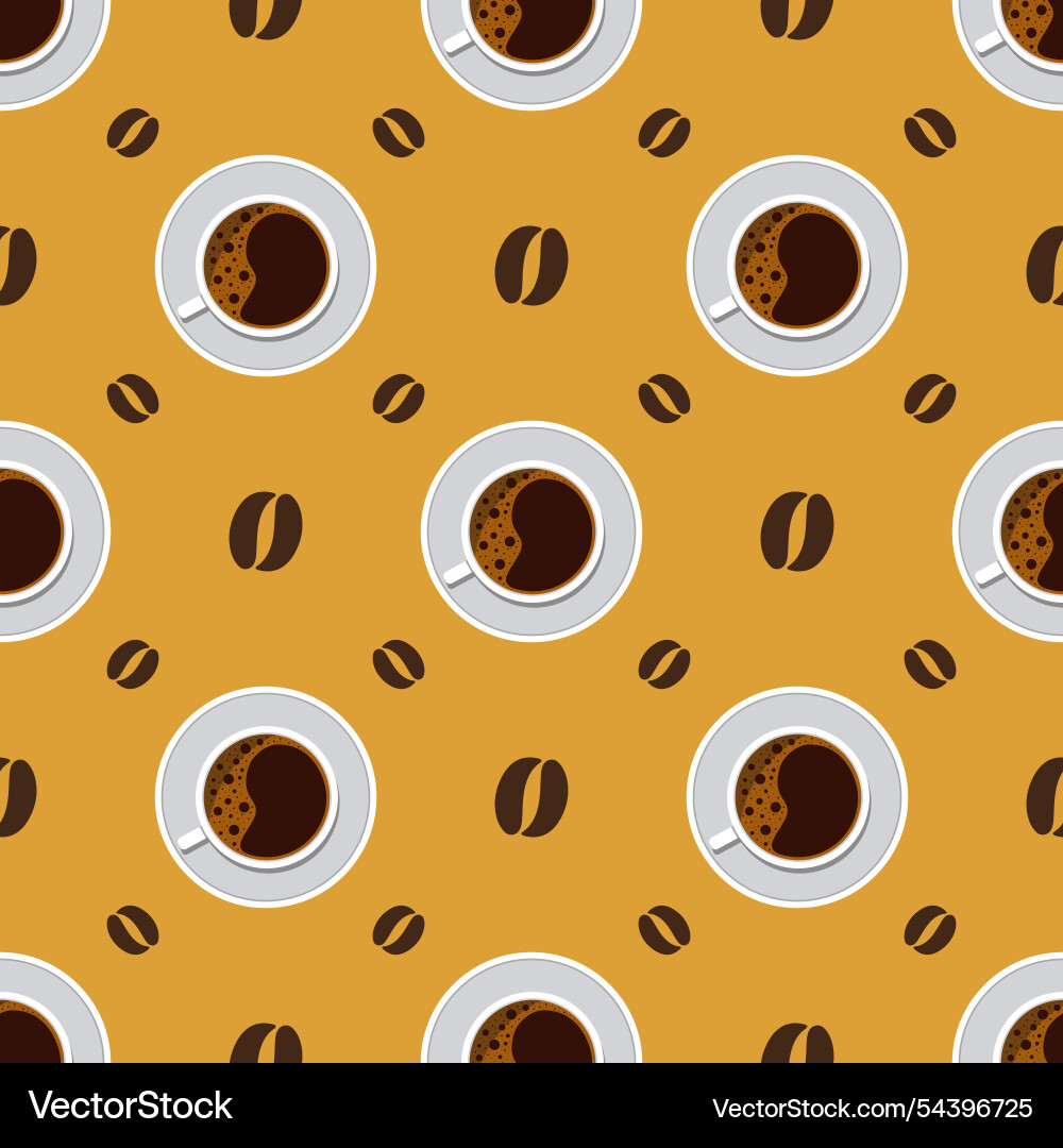 Seamless pattern coffee cup with beans on yellow Seamless pattern coffee cup with beans on yellow vector image