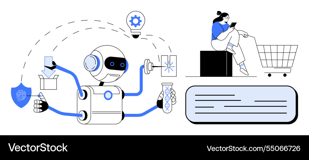 Automation in e-commerce robot assisting online Automation in e-commerce robot assisting online vector image
