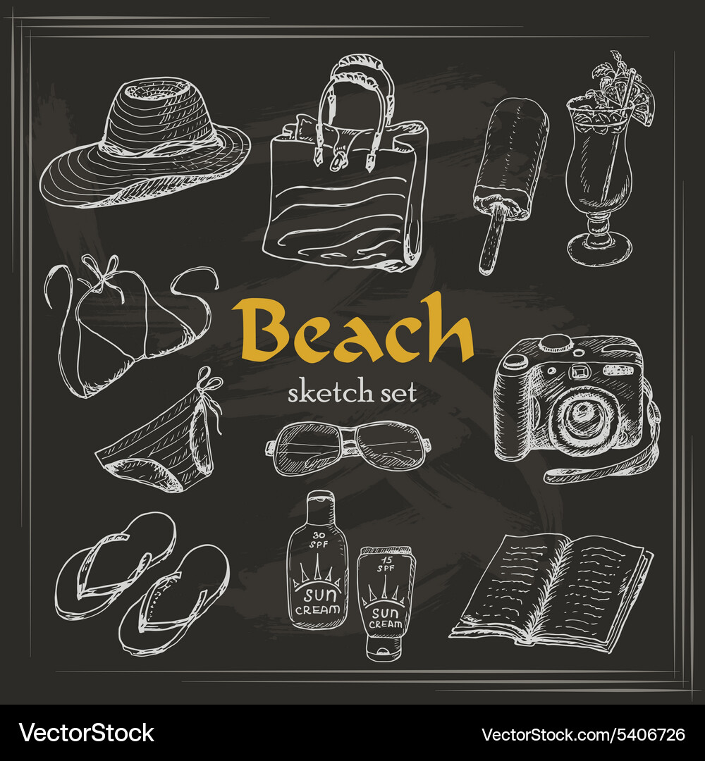 Collection of summer elements in sketch style Vector Image