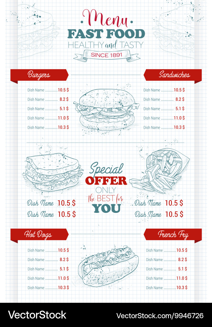 Drawing vertical scetch of fast food menu vector image