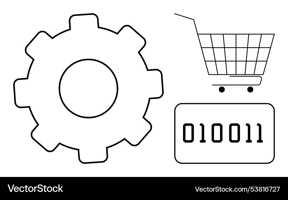 Gear symbol next to shopping cart and binary code Gear symbol next to shopping cart and binary code vector image