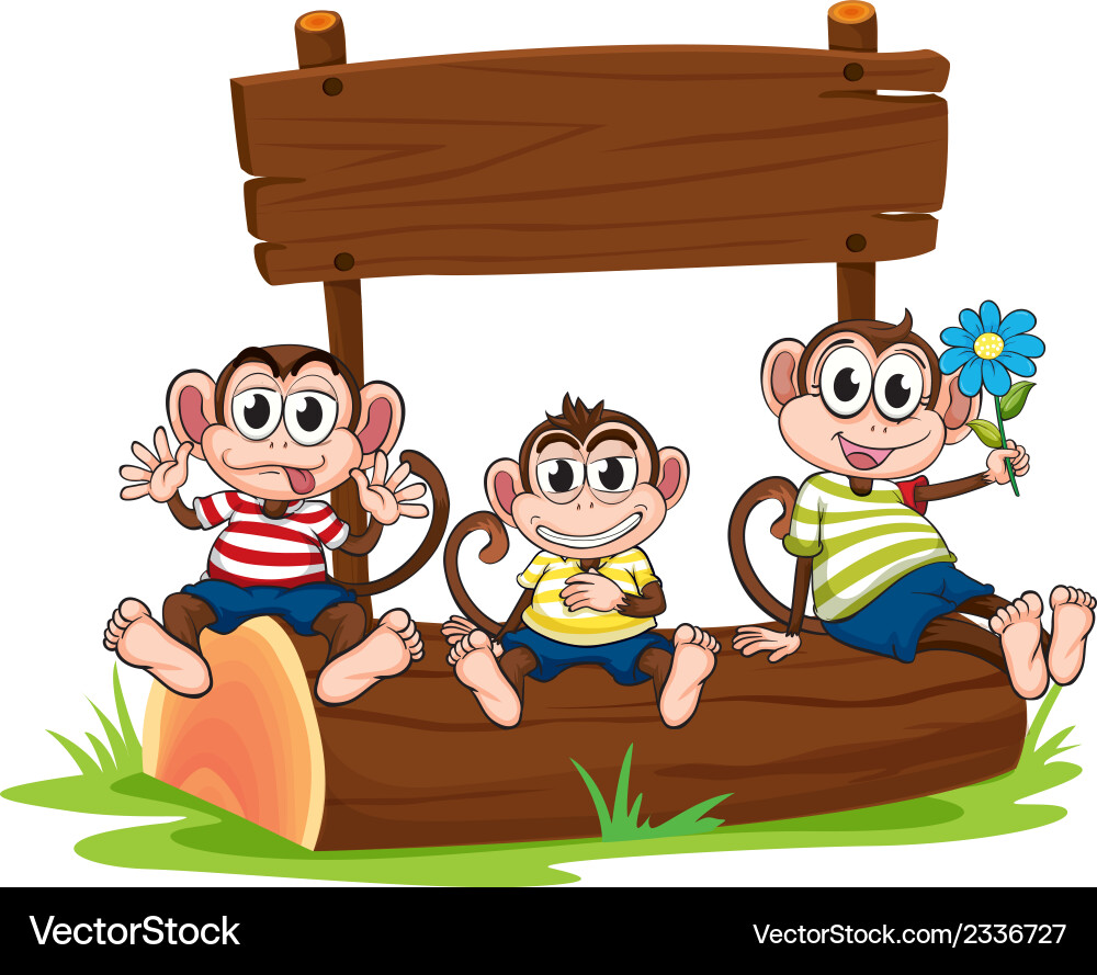 Three monkeys under the empty signboard Vector Image