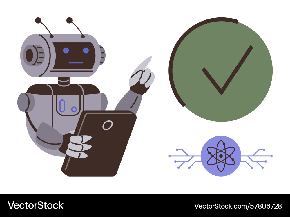 Ai robot interacting with data tablet green vector image