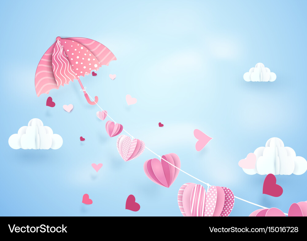 Paper art fly umbrella hanging string with hearts Vector Image