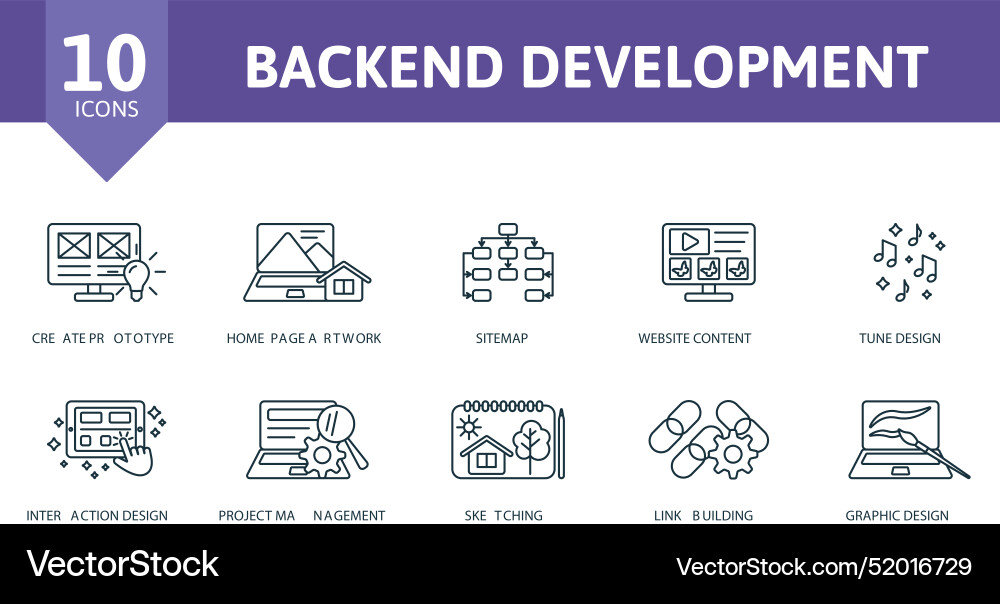 Backend development outline icons set creative Backend development outline icons set creative vector image