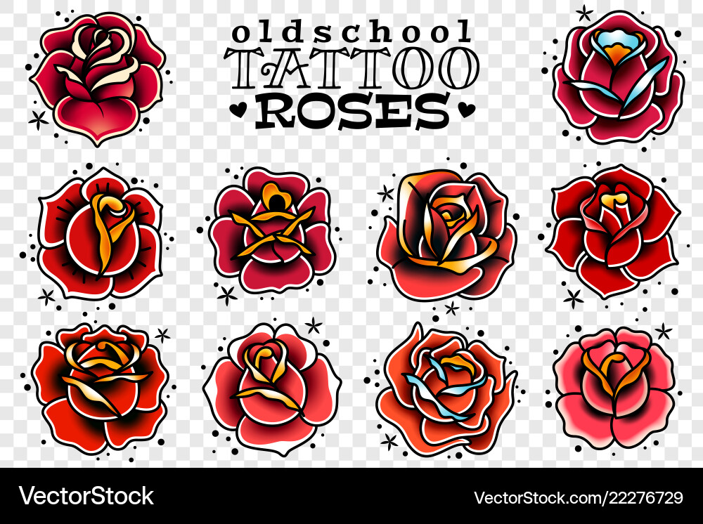 Old School Red Roses Tattoo Set vector image