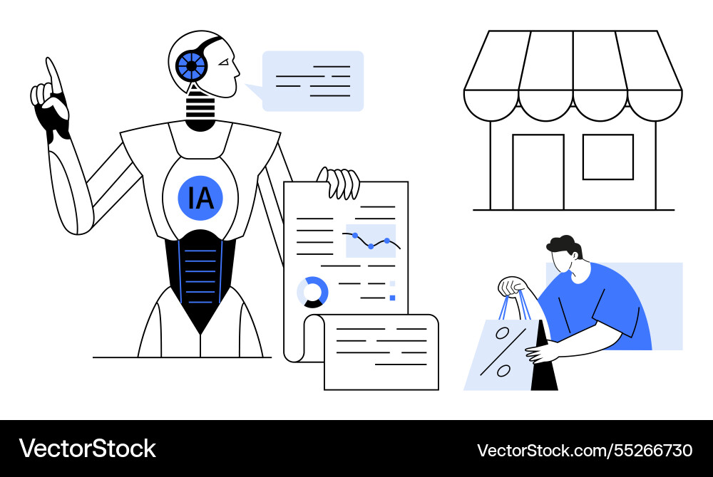 Robot presenting data analysis with a store vector image