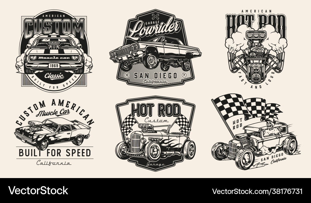 Retro custom cars vintage monochrome emblems Retro custom cars vintage monochrome emblems vector image
