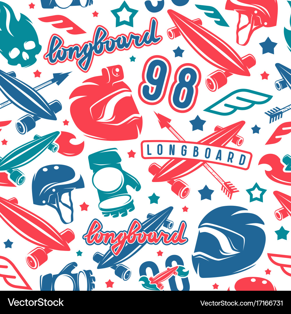 Seamless pattern with image of longboarding vector image