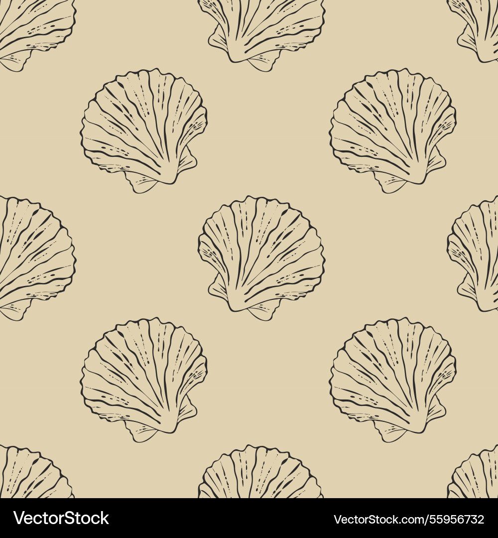 Seamless beige pattern with dark outline of shells Seamless beige pattern with dark outline of shells Vector Image