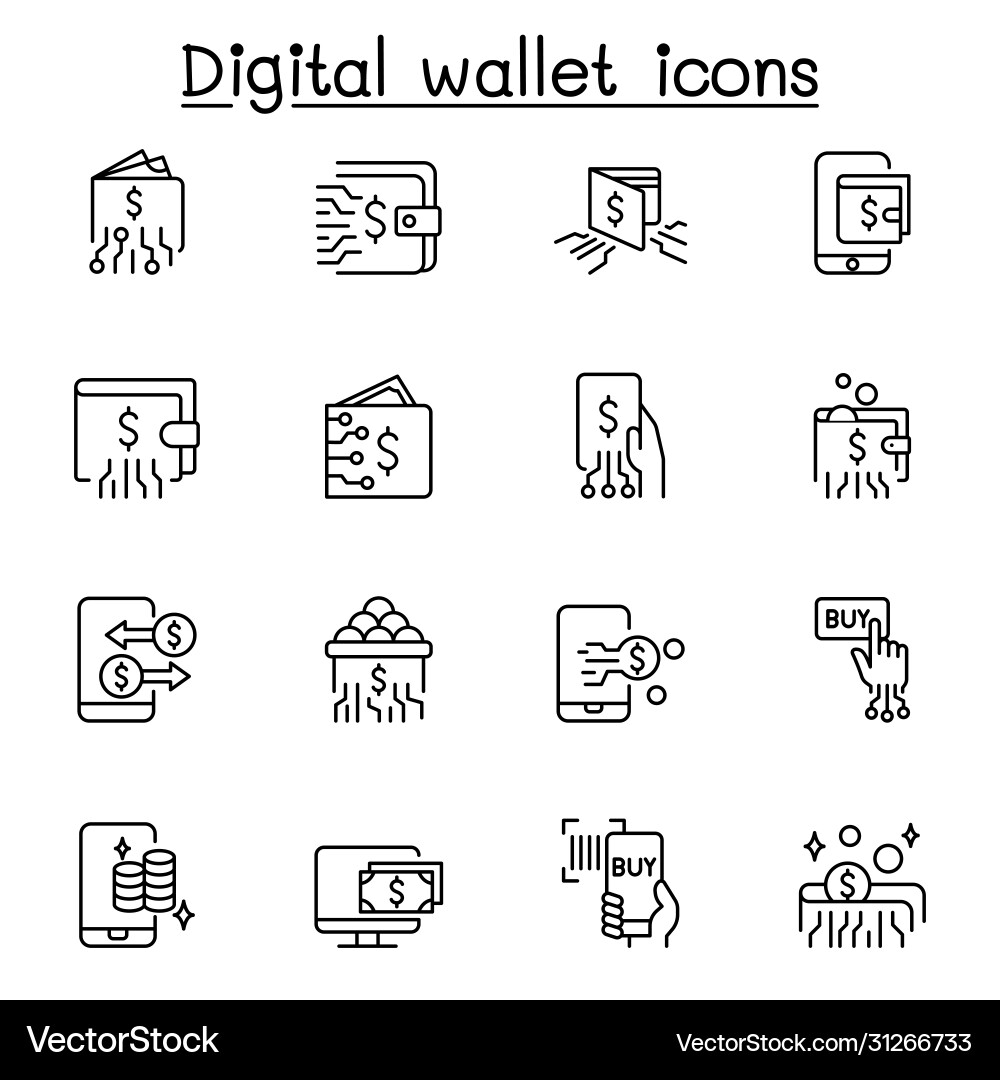 Digital wallets icon set in thin line style Digital wallets icon set in thin line style vector image