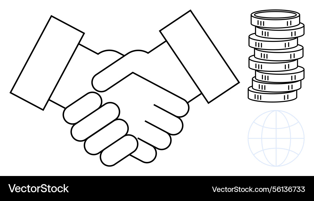Handshake with stack of coins and globe Handshake with stack of coins and globe vector image