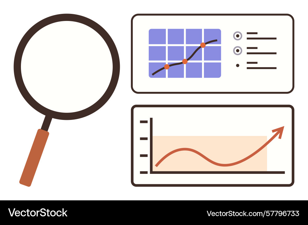 Magnifying glass analyzing data with graphs Magnifying glass analyzing data with graphs vector image