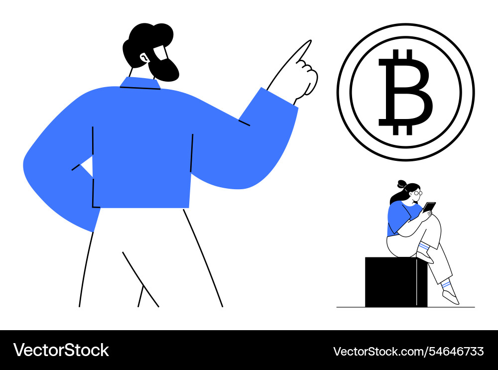Man pointing at bitcoin symbol while woman checks Man pointing at bitcoin symbol while woman checks vector image